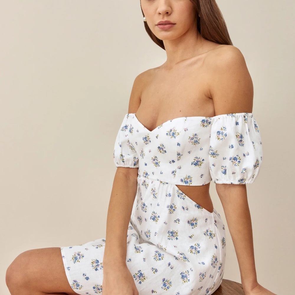 Reformation Emilia Linen Off Shoulder Dress Size 10 NWT